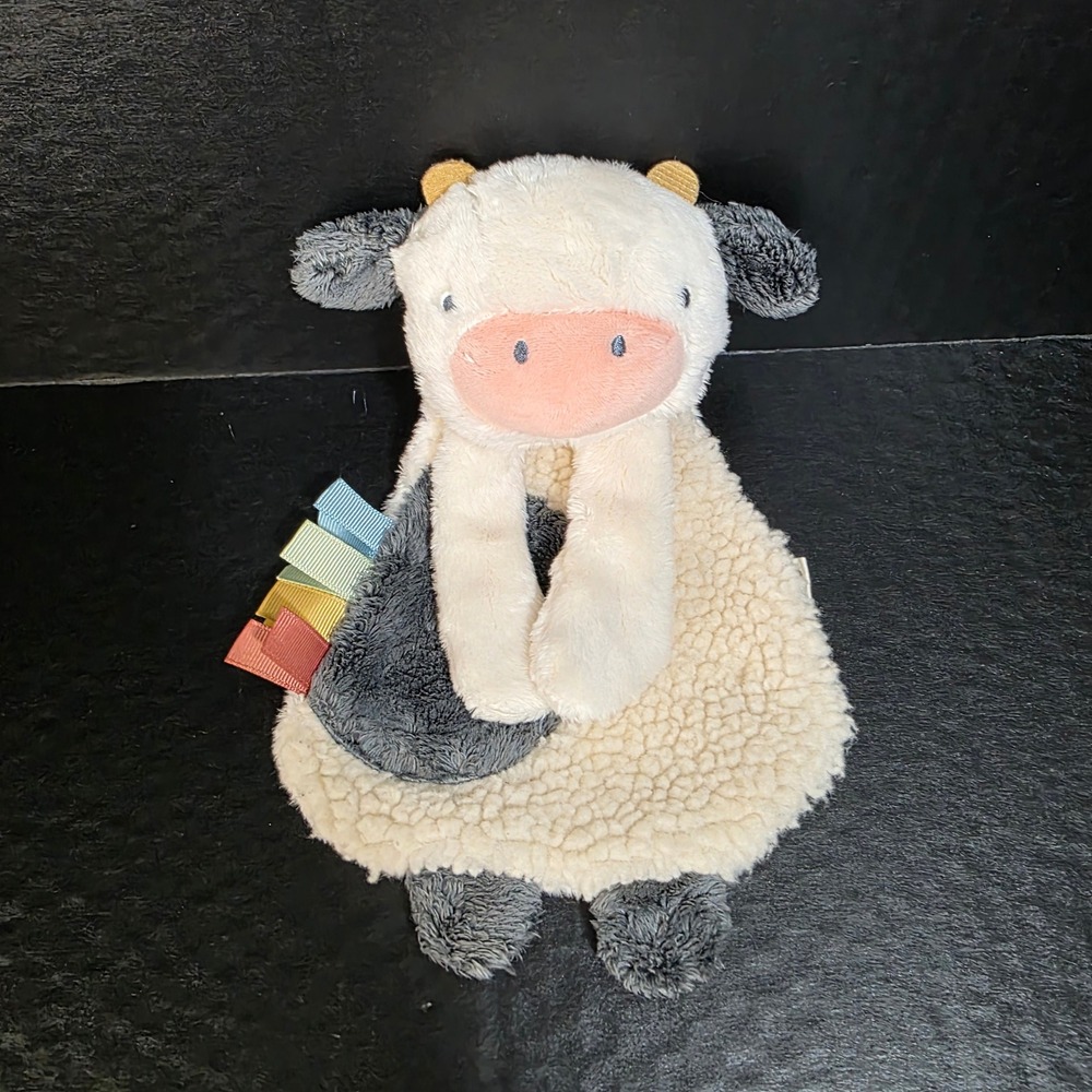 Itzy‎ Ritzy Cow Lovey Security Blanket Baby OS Cream Grey Sherpa Sensory Tags